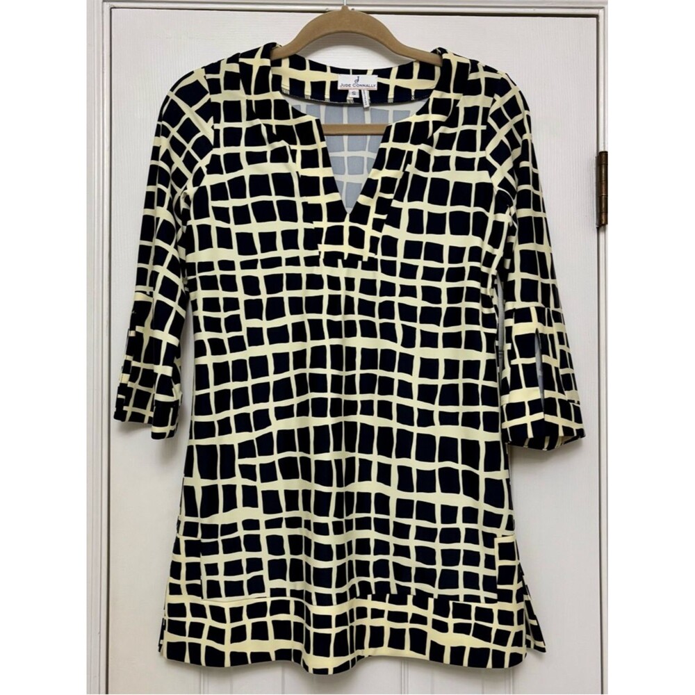 Jude Connally Tunic Top V-neck 3/4 Sleeve Geometric Print Black Cream S